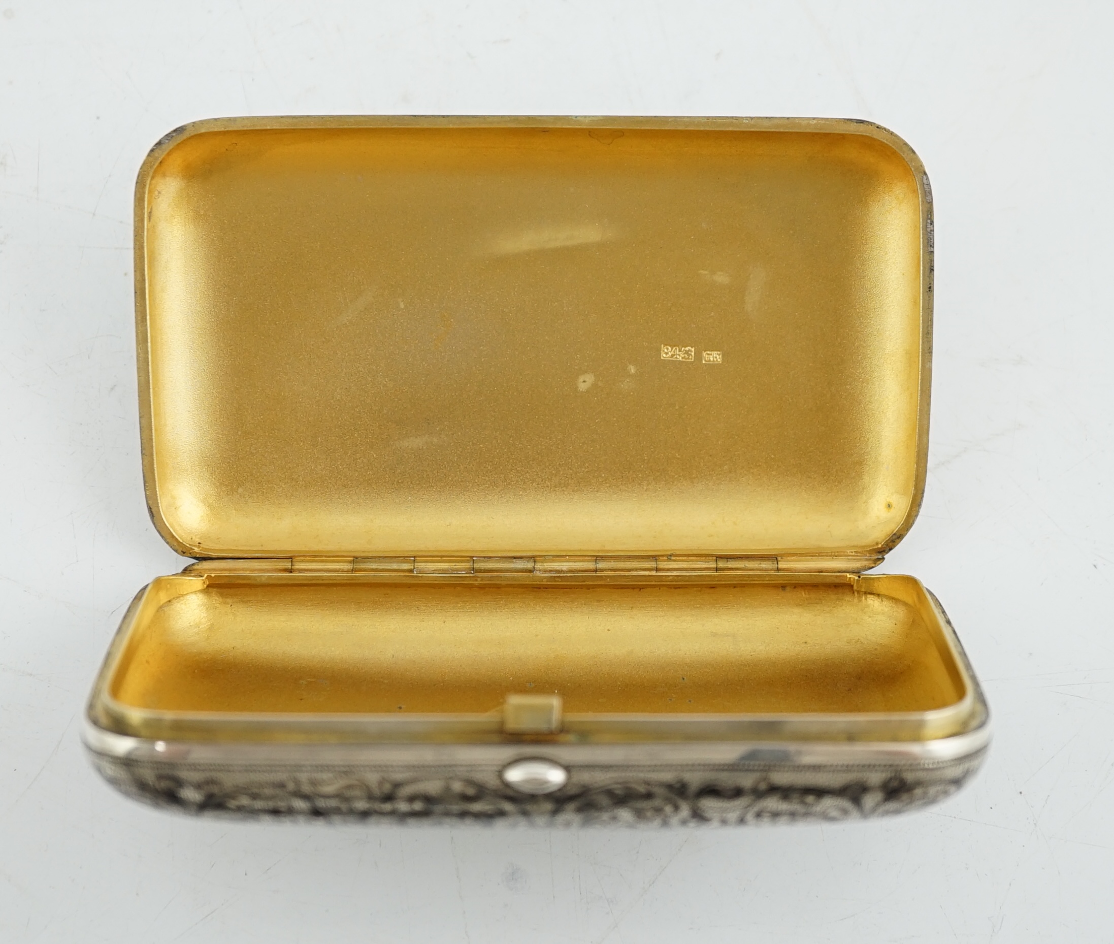 A late 19th century Russian 84 zolotnik silver and niello cigar case, master Gustav Klingert